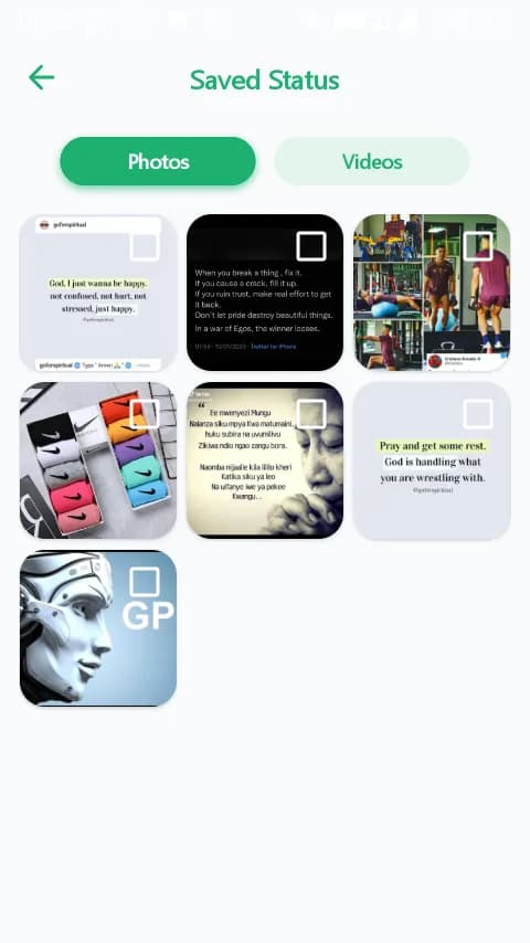 Saved Status screen with Photos and Videos tabs