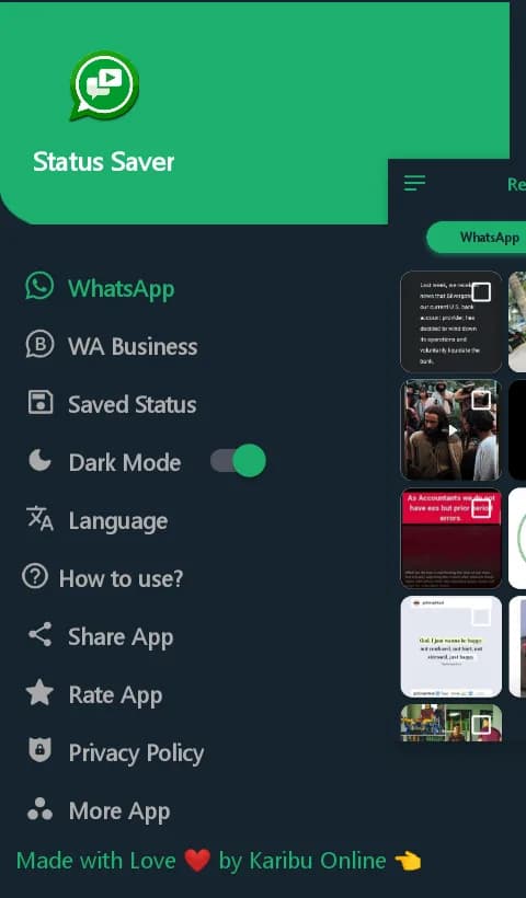 App menu with WhatsApp, WA Business, Saved Status and Dark Mode options